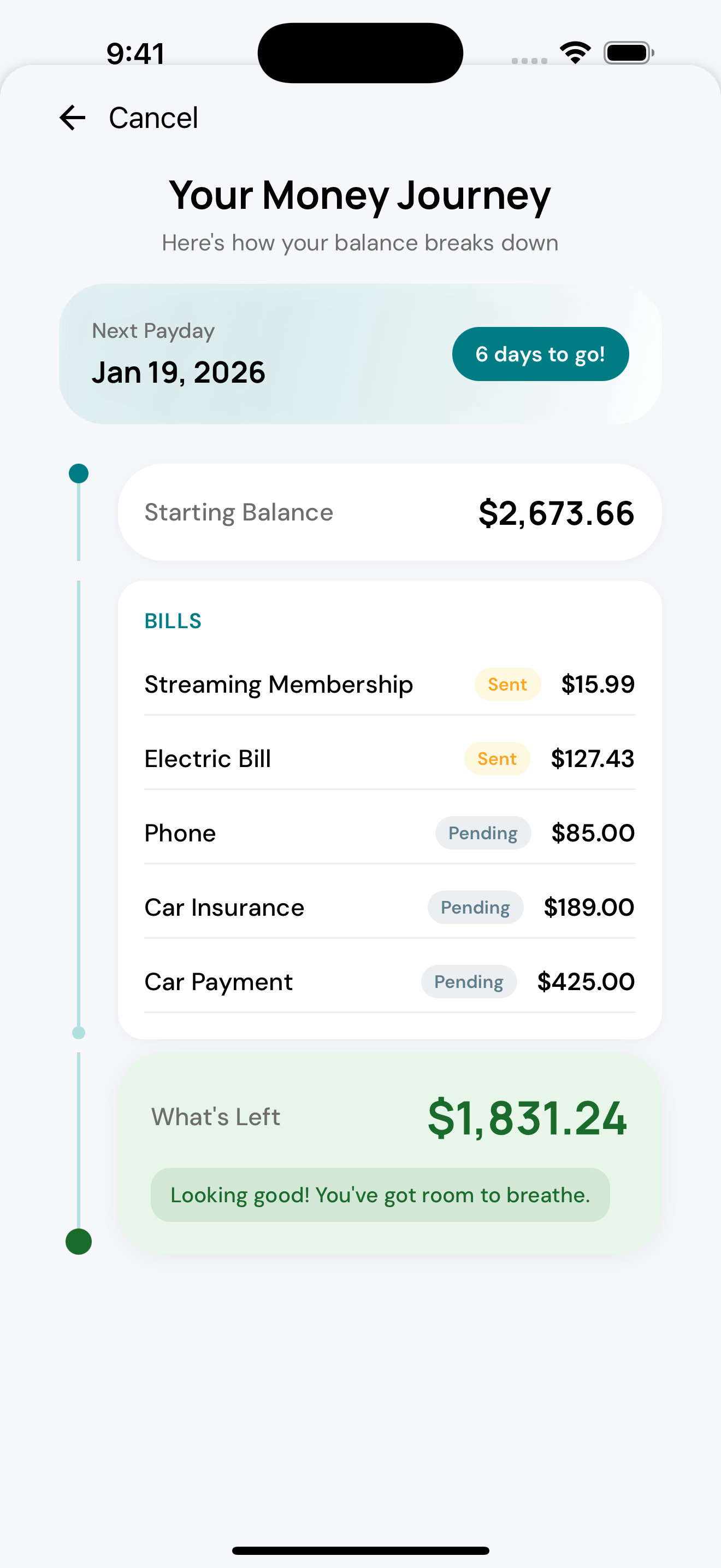 Balance Breakdown showing Your Money Journey