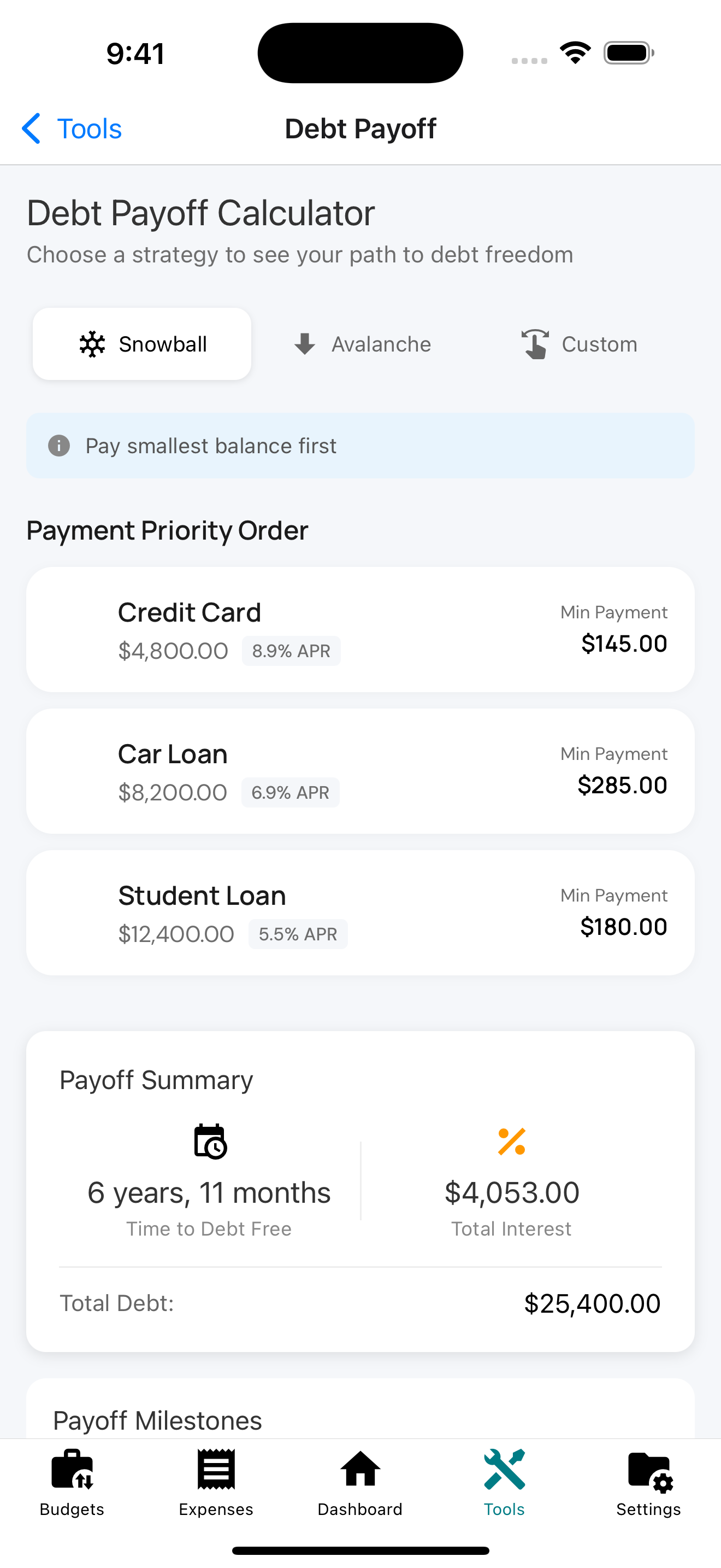 Debt Payoff Calculator with Snowball and Avalanche strategies