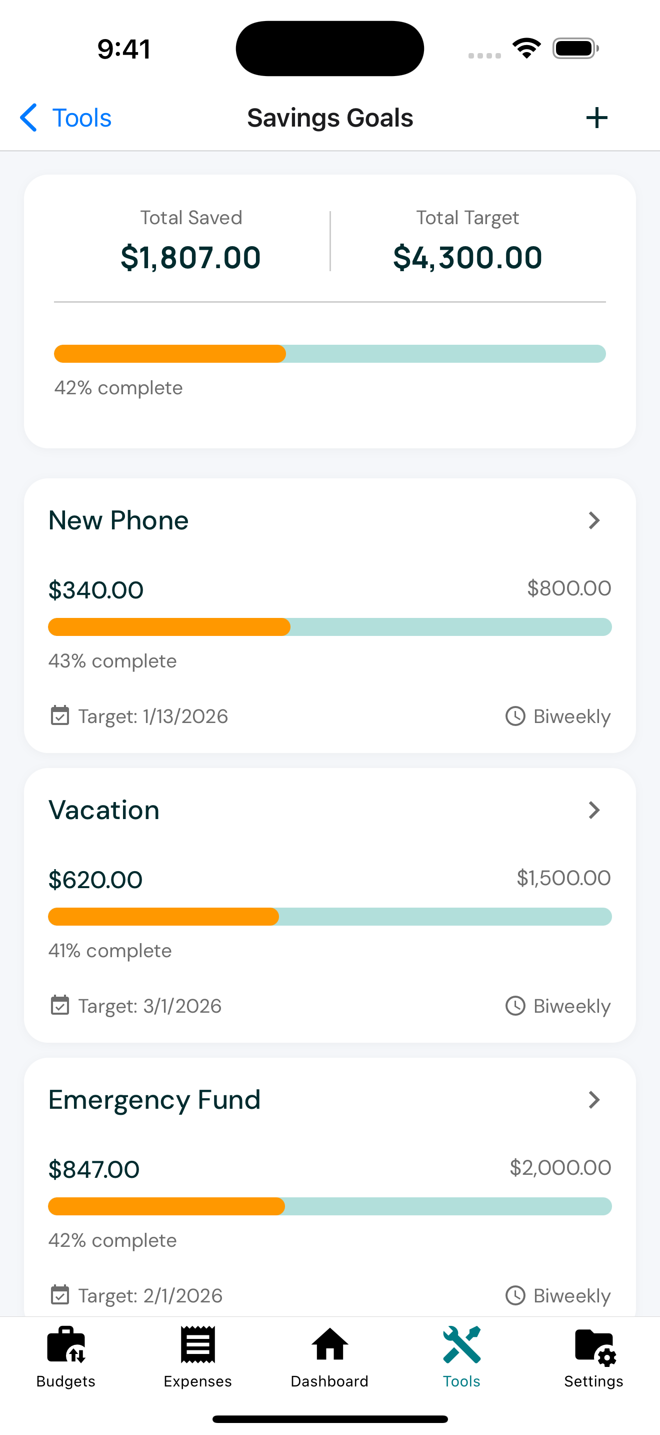Savings Goals showing progress toward financial targets