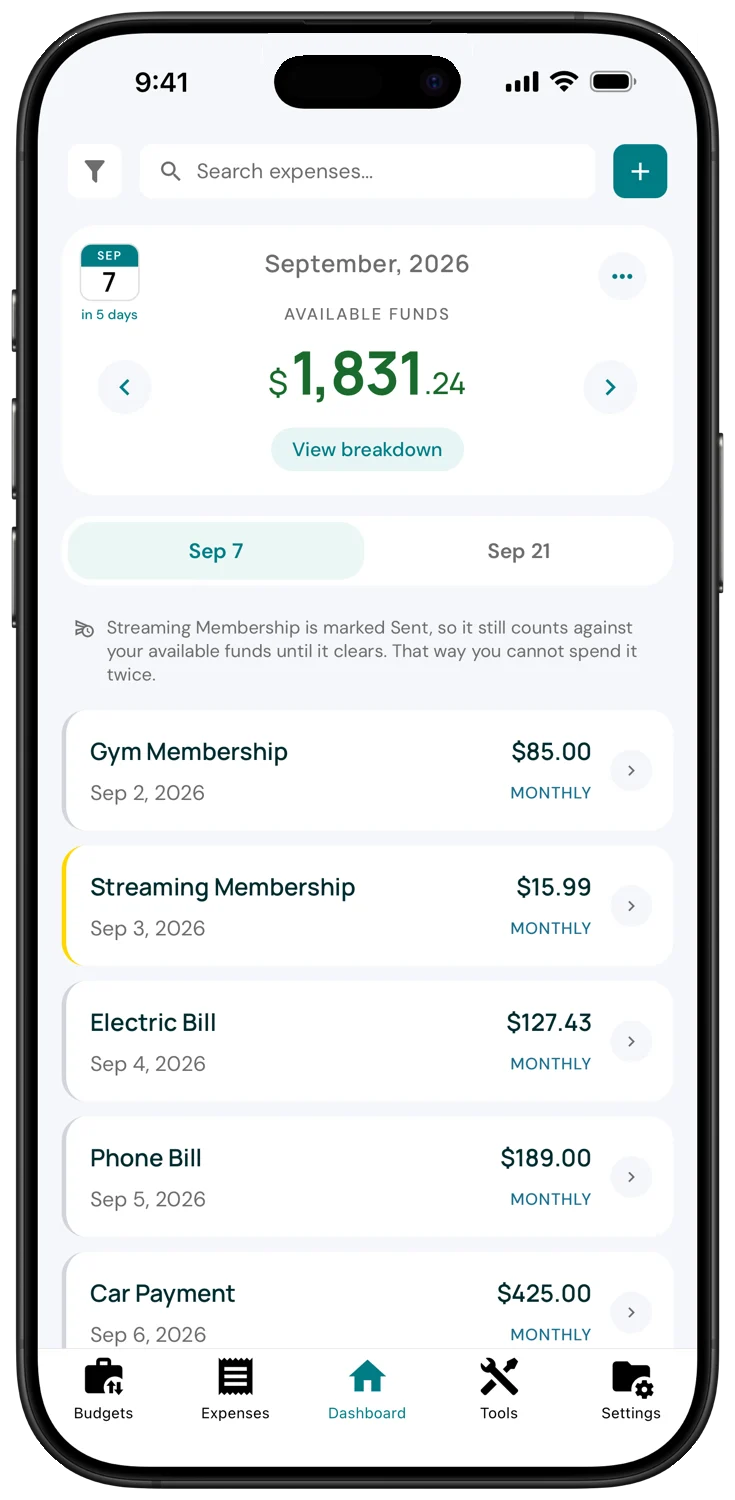 BudgetThrow dashboard showing Available Funds of $1,831.24 until the Sep 7 payday